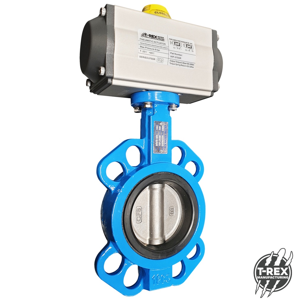 Butterfly Valve, Pneumatic, Double Acting, Ductile Iron Body with 316 Stainless Steel Disc 16 Bar
